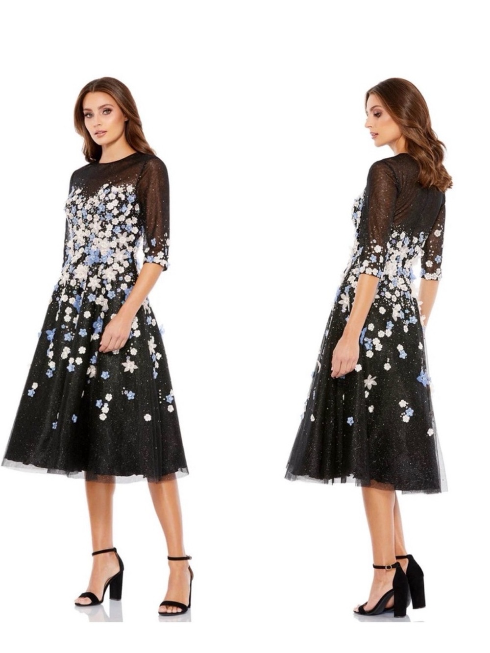 Mac Duggal Floral Embroidered A Line Tea Length Coctail Dress